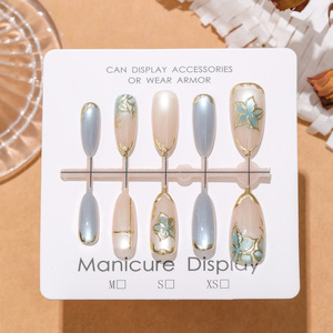Faux ongles à presser courts, forme amande, bleu brumeux, effet œil de chat, fleur 3D, nouveau style chinois, éclaircissants, vente en gros - Product Image 2