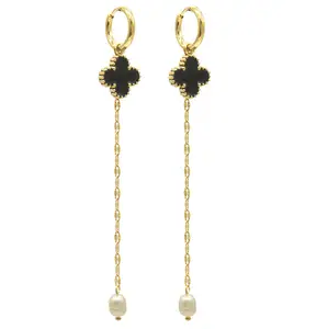 E221-514 Halo pretty 18k gold plated women stainless steel clover jewelry pearl dangle earrings