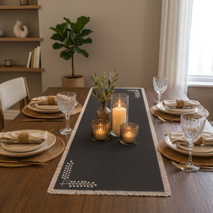 Chemin de table en coton premium gris foncé avec broderie de feuilles blanches et bords frangés |   Décoration élégante de table à manger - Product Image 3