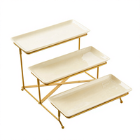 Ensemble de présentoir à gâteaux en céramique jaune rectangulaire à 3 niveaux avec support en métal doré pliable
