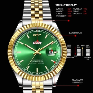 นาฬิกา tpw ผู้ชายคุณภาพสูงสีทองสีเขียวนาฬิกาข้อมือควอทซ์แบบแอนะล็อกแสดงวันที่หรูหราของผู้ชายสัปดาห์ - Product Image 2
