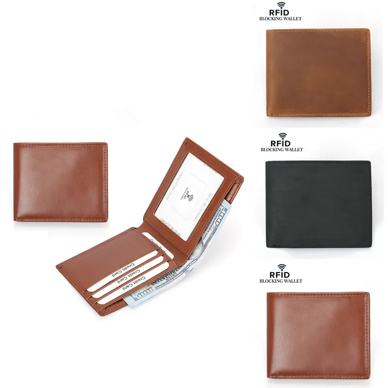 Vintage RFID blocking minimalist slim Classic Brown Wallets crazy horse genuine leather wallet men 2023