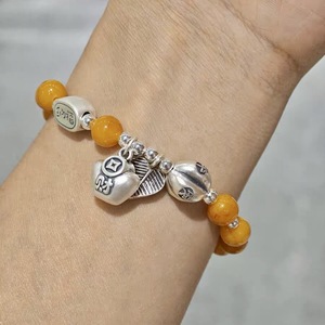S925 Sterling <b>Silver</b> <b>Beaded</b> Amber Bracelet Heart Charm Unisex Everyday Wear Fine Jewelry - Product Image 3
