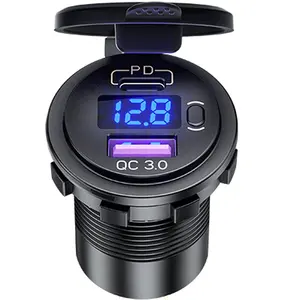 Soket Pengisi Daya Mobil USB C 48W Dual PD USB C Pengisi Daya Cepat 3.0 USB Outlet Daya Mobil dengan Voltmeter LED dan Sakelar Hidup/Mati