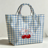 Sac fourre-tout en PVC à motif vichy avec motif cerise, imperméable, transparent, effet gelée, sac de plage, pochette fourre-tout, sacs à main à nœud, sac de rangement