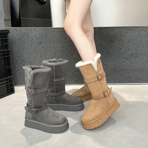 Bottes de neige mi-mollet en daim camel pour femme, col en fourrure, boucle en métal, plateforme épaisse, bottes chaudes d'hiver - Product Image 2
