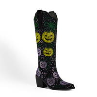 Bottes Western Chic à Strass WETKISS pour Femme, Hautes au Genou, Ornées de Cristaux Colorés, Modèle Citrouille, Idéales pour Halloween