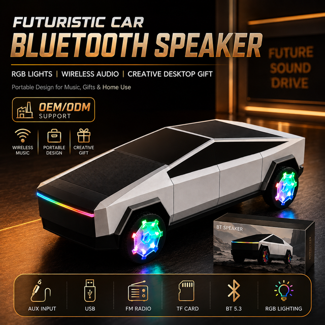 Tesla Cybertruck Blue Tooth Speaker RGB Lights Car Model 15W Wireless Charging Charger Car Shape Speaker With BT/FM/TF/USB/AUX