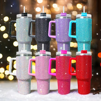 Gobelet à café en acier inoxydable à double paroi 40 oz, entièrement recouvert de strass, noir, violet, bleu, rouge, argent, rose, tasse, bouteille d'eau avec poignée