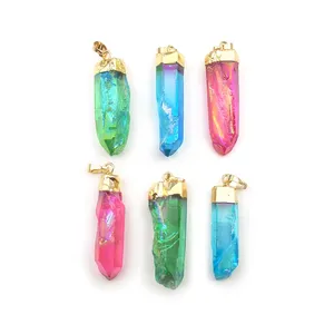 Hot selling natural crystal pillar pendant jewelry diy wholesale titanium plated pink blue green colorful charms for gift making