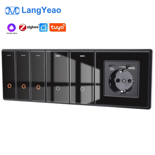 LangYeao ZigBee Tuya Smart Home 1/2/3/4/6 Gang Glass Panel Switch and Socket Series Combination with Neutral