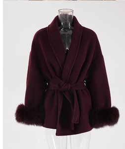 Cappotto Invernale Natalizio da Donna alla Moda in Lana con Pelliccia di Volpe e Cappuccio, Tendenze Giacche da Donna, Lungo Cappotto in Cashmere e Lana con Cintura e Pelliccia - Product Image 5