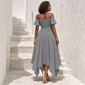 Proveedor Mayorista de Vestidos Asimétricos con Hombros Descubiertos y Mangas con Volantes, Fábrica de Ropa Integral - Product Image 2