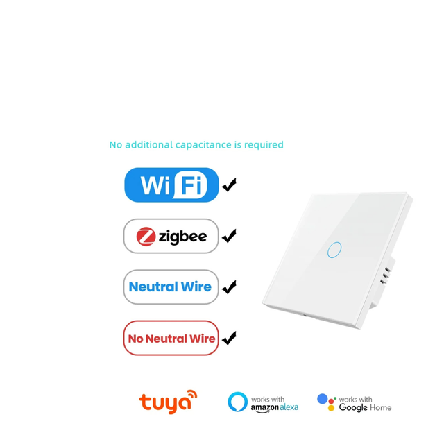 Eu Standard  Tuya WiFi/Zigbee Wall Smart Light Switch, Glass Touch Switch Phone Remote Control Support Alexa Voice Google Home