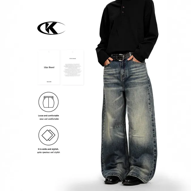 11KN Men's Custom High Quality American Style Vintage Washed Baggy Barrel Leg Jeans - Loose Fit Streetwear Denim Pants