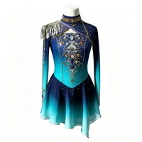 Costume de patinage artistique bleu marine dégradé, robe à manches longues en maille avec strass pour filles adultes, compétition et performance