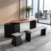 Ensemble de table à thé en bois massif moderne avec cadre noir, table à thé de loisirs avec tabourets et banc pour la maison, la villa, l'hôtel, le bureau, la salle de thé