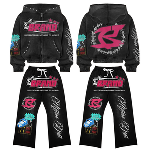 Customized Kids Streetwear Baggy Hoodie and Stacked Pants <b>Set</b> Acid Wash Tracksuits mens DTG Printed Cropped Flared Sweatsuits - Product Image 2