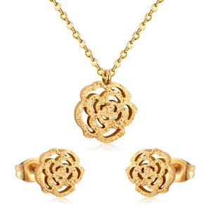 Parures de bijoux de luxe pour femmes, colliers et boucles d'oreilles en acier inoxydable avec pendentif fleur rose, parures de bijoux tendance - Product Image 1