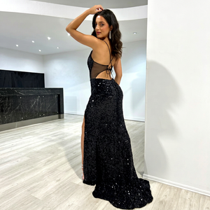 European and American sequin slit sexy strap dress, elegant waist-cinching evening gown, slim-fit long dress - Product Image 1