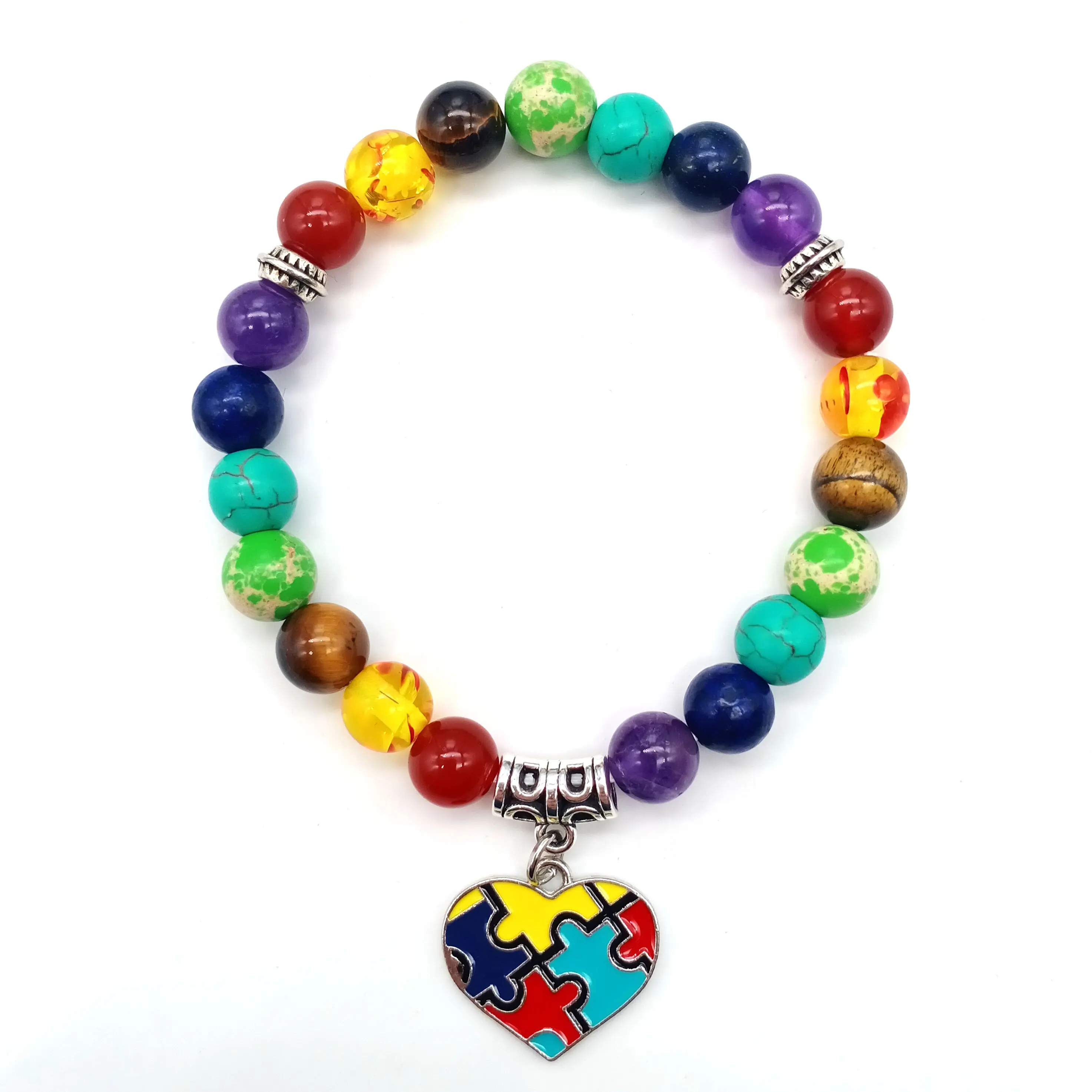 Autism Puzzle 7 Chakra Beads Elastic Bracelet Natural Stone Rainbow Autism Awareness Jewelry Gift for autistic patients