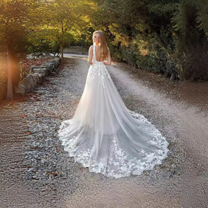 A-Line V-Neck Wedding Dress White Embroidered Organza Tulle Backless Train Natural Waistline JM366 - Product Image 4