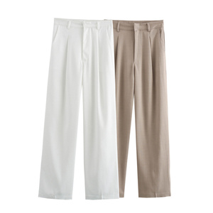 Pantalones de Mujer, Corte Recto, Plisados, Color Sólido, Tela Crepé, Antiarrugas, Cintura Media, Largos, Estilo Casual, Primavera - Product Image 1