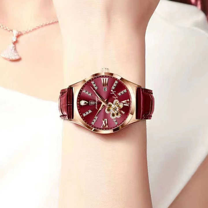 Orologio da polso da donna POEDAGA in vera pelle con diamanti, di lusso, luminoso, al quarzo, in oro rosa