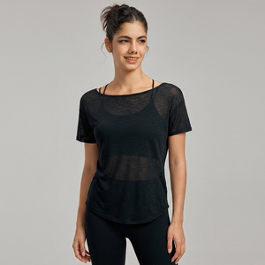 Tops de yoga para mujer al por mayor, con espalda hueca y abertura, transparencias, cuello redondo, de elastano/poliéster, manga corta, ligeros y de secado rápido - Product Image 3