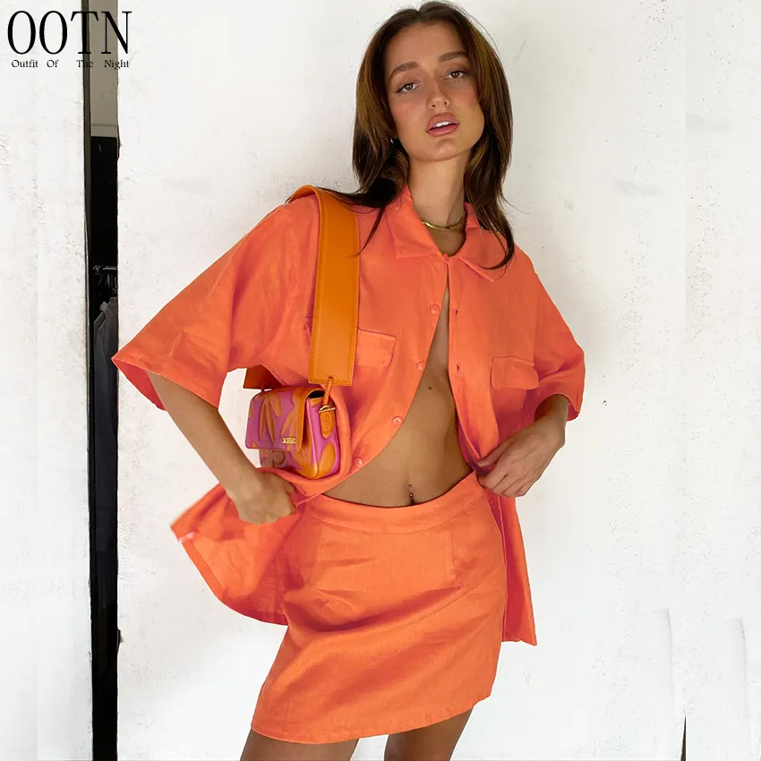 OOTN – ensemble Mini-jupe en coton Orange pour femme, 2 pièces, tenue de vacances, manches courtes, couleur unie, ample, en lin, été, 2022