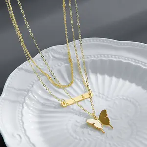 Colar de pingente de borboleta, de alta qualidade, colar de três camadas, pingente de cruz banhado a ouro 18k, corrente de contas de aço inoxidável