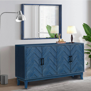 Buffet de salle à manger vintage Retroy à 4 portes, armoire de rangement bleu marine de 60 cm avec portes à panneaux en forme de M et base en bois massif - Product Image 6
