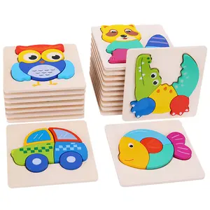 Puzzle kayu 3d, mainan edukasi anak-anak, teka-teki kecerdasan hewan kartun, belajar Puzzle 3d - Product Image 1