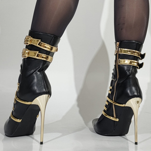 Bottes courtes pour femmes à talons hauts, grande taille 47, avec fermeture éclair latérale, boucles de ceinture dorées, lanières dorées et découpe avant, idéales pour l'été - Product Image 4