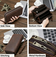 Dompet Panjang Kulit Asli Vintage dengan Resleting Ganda, Tas Selempang, Tempat Kartu, Kantong Ponsel, Logo Kustom