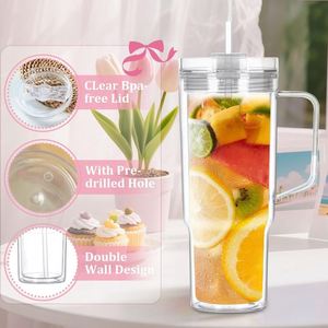Vaso Acrílico Personalizado con Logotipo de 40 Oz, con Asa y Pajita, Preperforado, Doble Pared, Antiderrames, Transparente, para Manualidades con Purpurina y Globos de Nieve - Product Image 5