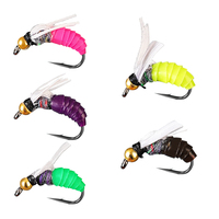 Hameçons de pêche à la mouche artificiels, leurres fluorescentes en forme de nymphes, de scud, de larves et de mouches, avec tête perlée en laiton