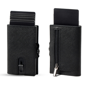 กระเป๋าสตางค์หนังแท้ Saffiano แบบสั้น ป้องกันการโจรกรรมข้อมูล RFID สำหรับทุกเพศ พร้อมที่ใส่บัตรอะลูมิเนียม - Product Image 1