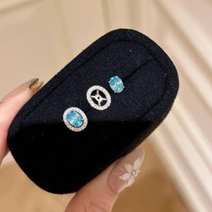 Boucles d'oreilles S925 en argent pur, bleu océan, avec diamants ovales délicats, détachables, à clip, bijoux tendance pour femmes - Product Image 1