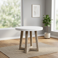 Table à manger en béton et fibre de verre blanche avec pieds en bois d'acacia, design moderne, légère, durable, pour l'extérieur, le patio, le salon