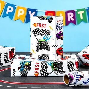 Race Car Wrapping Paper Roll 17 In X 16.5 Ft Birthday Gift <b>Wrap</b> For Kids With Grid Lines Art Paper Recyclable - Product Image 4