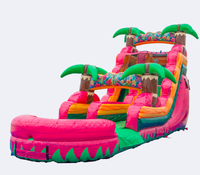 Toboggan aquatique gonflable rose vif tropical pas cher, toboggan aquatique double piste palmier pour enfants, idéal pour carnaval et fêtes à la piscine