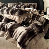 Housse de couette en fausse fourrure de lapin à larges bords Tie-Dye gris taies d'oreiller en peluche fermeture à glissière draps de lit 4 pièces ensemble de literie