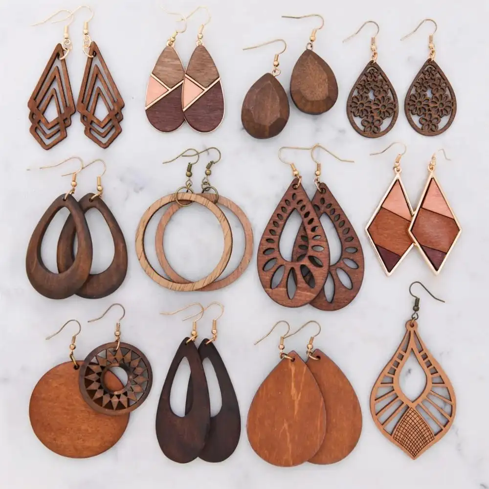 फैशन फ्रेंच हुक तारों विंटेज लकड़ी कान की बाली संग्रह