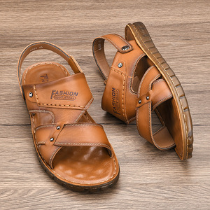 Sandales pour hommes à brides croisées en cuir de vachette première couche, bout ouvert, semelle extérieure en caoutchouc, respirantes, chaussures décontractées d'été - Product Image 2