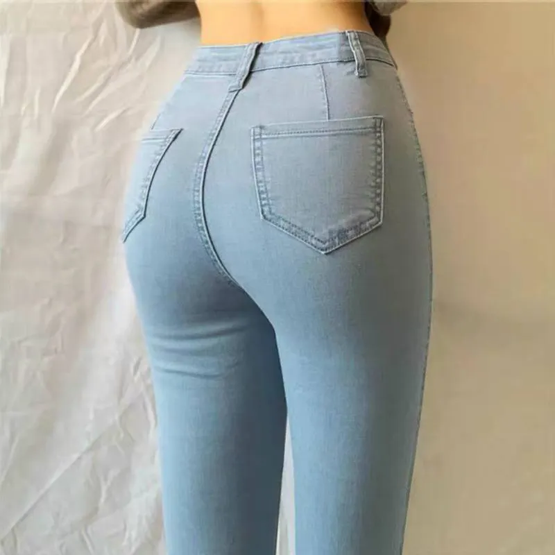 Оптовая продажа, новые модные женские джинсы с завышенной талией, эластичные брюки на молнии с карманами, брюки для девочек, Узкие повседневные джинсы-карандаш