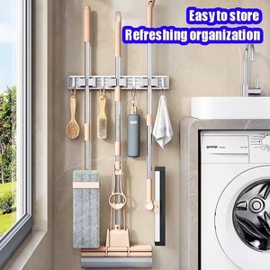 Self-Adhesive Metal <strong>Wall</strong> Mounted <strong>Mop</strong> Broom Organizer Rack with 5 Strong Hooks for Kitchen Bathroom Cleaning Tools Storage - Product Image 2