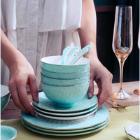 Assiettes en céramique service de table, assiettes à bords dorés bleues nordiques de 8 pièces, vaisselle en porcelaine, service de table de luxe
