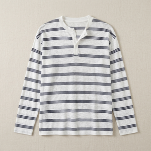 Custom <b>Men</b> Striped Henley Sweater Long Sleeve Tee Knitwear OEM Print Breathable Oversized Casual V-neck Pullover T <b>Shirts</b> 8041 - Product Image 3