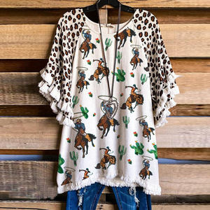 Venta al por mayor <span class=keywords><strong>2022</strong></span> nuevos diseñadores señoras volante borla manga Patchwork camisetas moda personalizada de talla grande blusa de leopardo para <span class=keywords><strong>mujer</strong></span> - Product Image 1